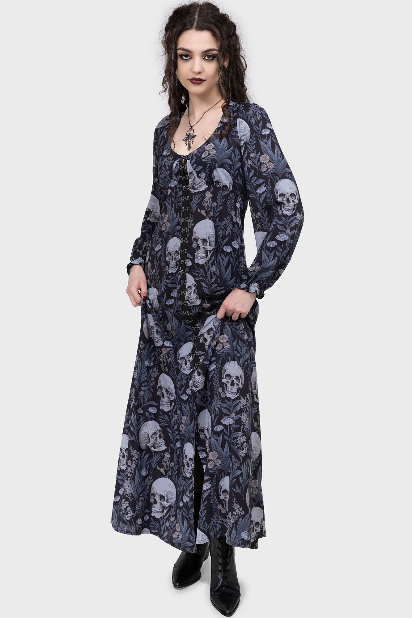 maxi dress with skulls Women's Skull Black And White Ankle Long Dress L / White