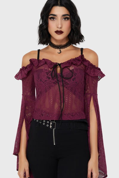 Breathless Lace Bardot Top [Plum]