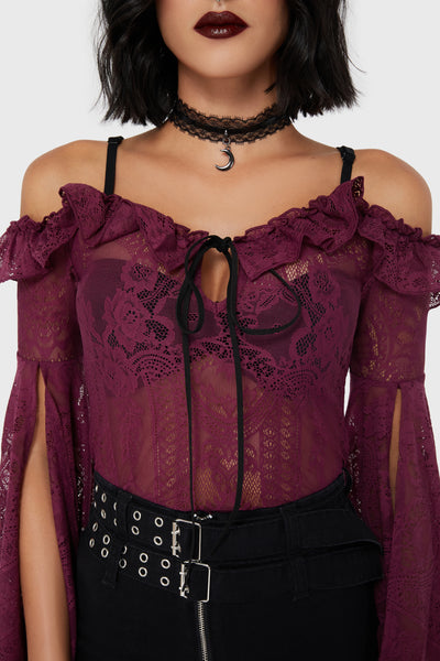Breathless Lace Bardot Top [Plum]