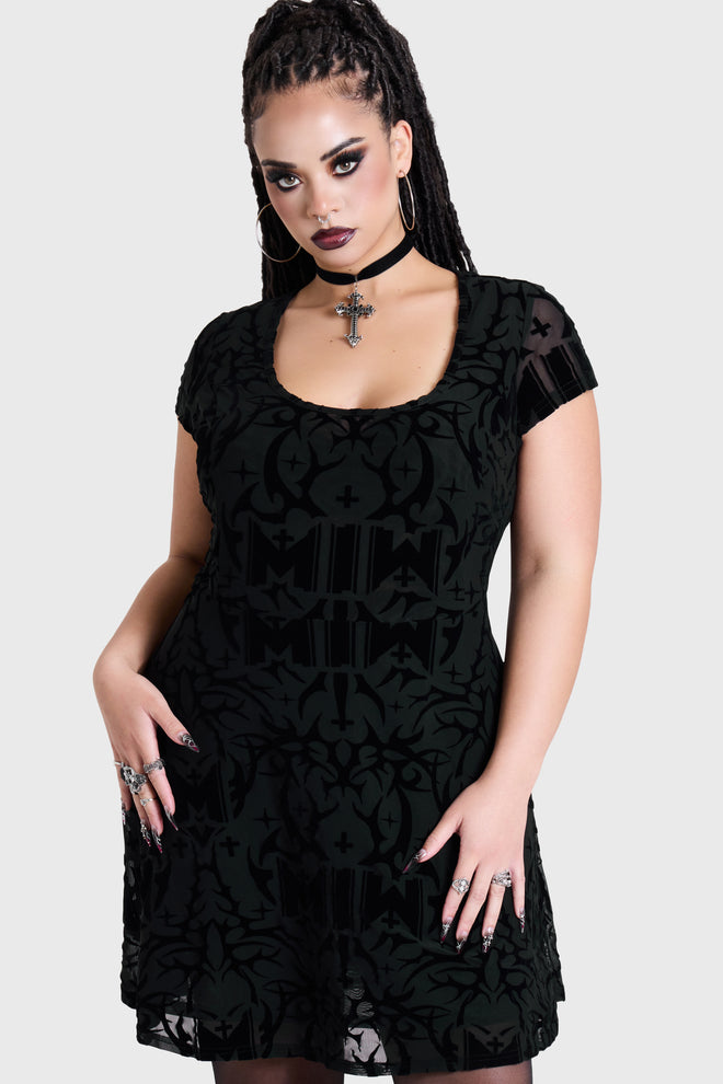 ETERNALLY YOURS FLOCKED MESH SKATER DRESS