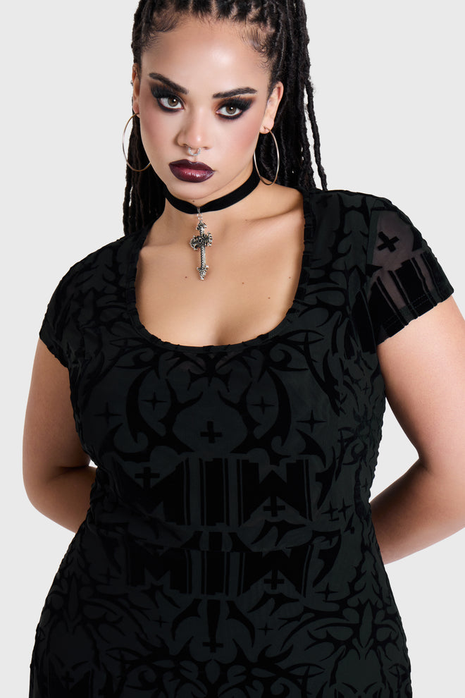 ETERNALLY YOURS FLOCKED MESH SKATER DRESS
