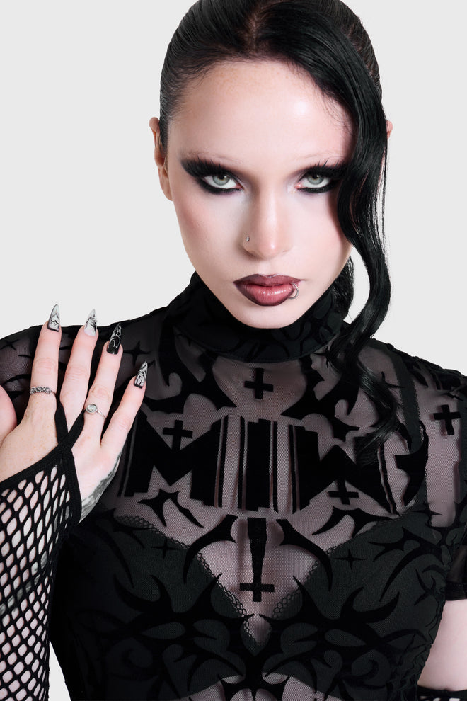 ETERNALLY YOURS FLOCKED MESH TOP