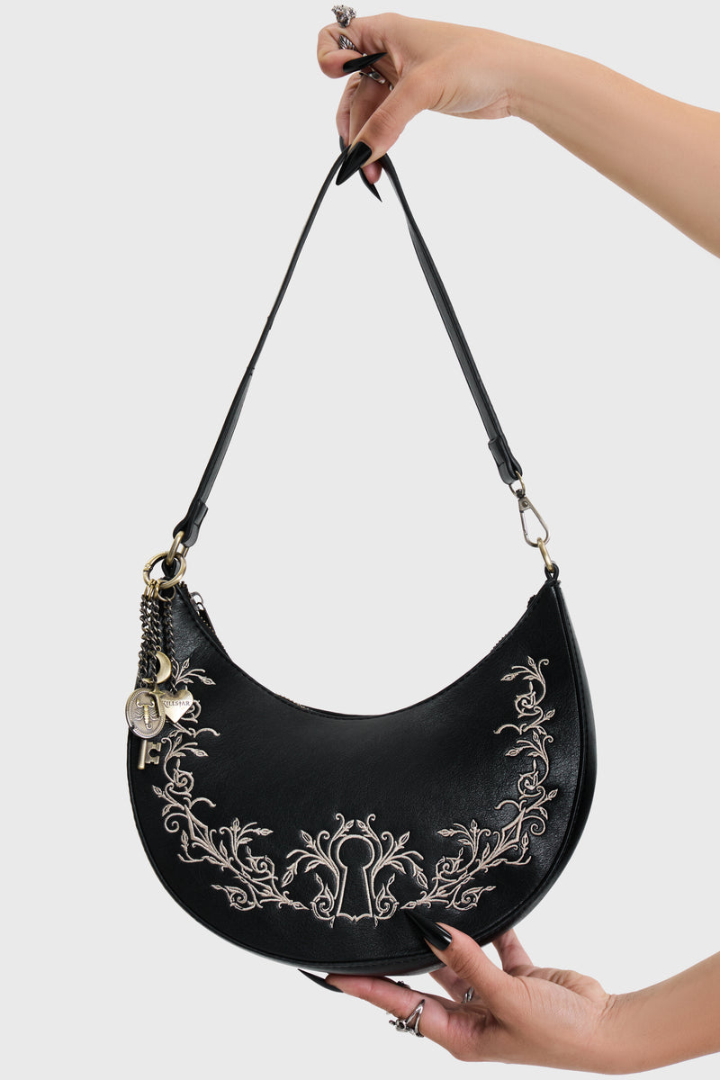 Gold Lock Embroidered Shoulder Bag