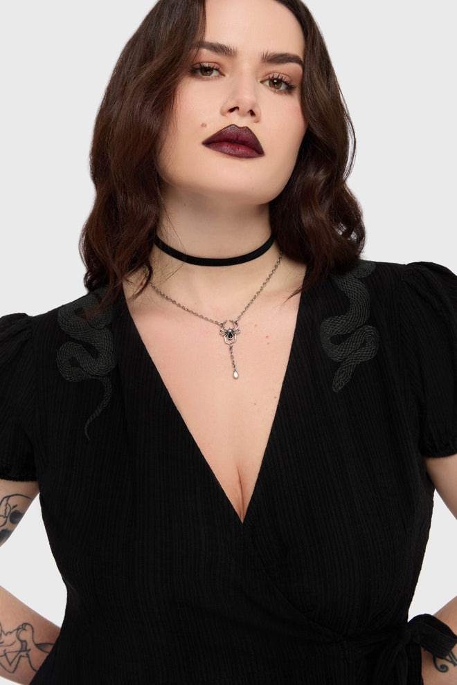 The Hollow Embroidered Mini Dress [Black]