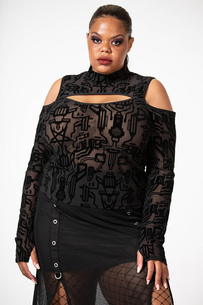 Tuned Out Mesh Cold Shoulder Top [PLUS]